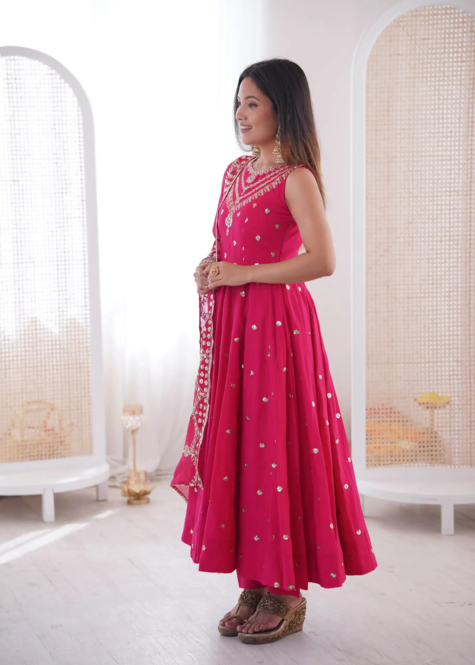 JF 038 Rani Pink Roman Silk Gown with Embroidery Work. Wedding, Party, Events, Navratri, Exclusive Offer ₹2149. Delivery 4-6 Working Days. Shop now. | Gowns, Bollywood Gowns, Creative Gowns, Designer Gowns, Embroidered Gowns, Party Wear Gowns