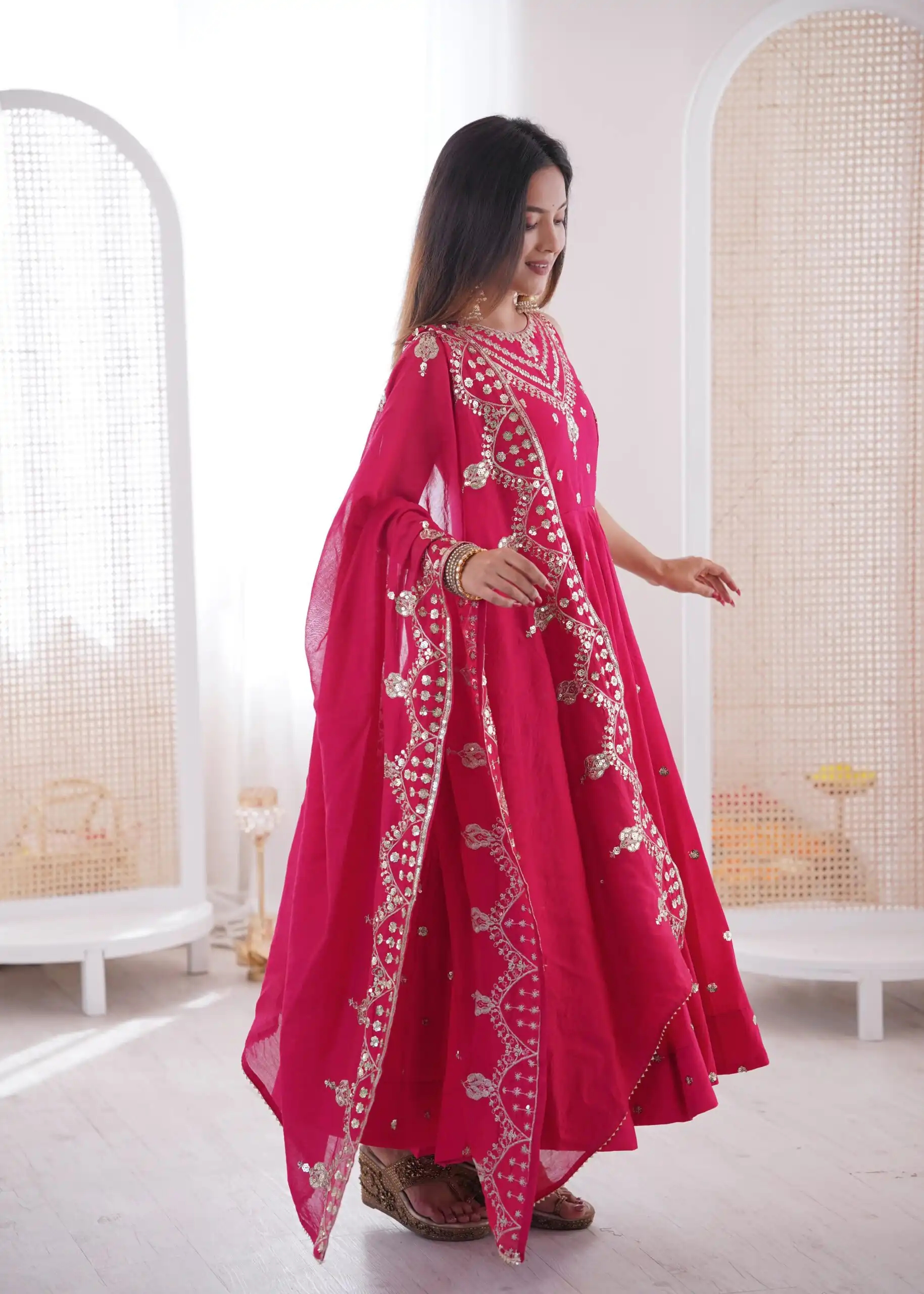 JF 038 Rani Pink Roman Silk Gown with Embroidery Work. Wedding, Party, Events, Navratri, Exclusive Offer ₹2149. Delivery 4-6 Working Days. Shop now. | Gowns, Bollywood Gowns, Creative Gowns, Designer Gowns, Embroidered Gowns, Party Wear Gowns