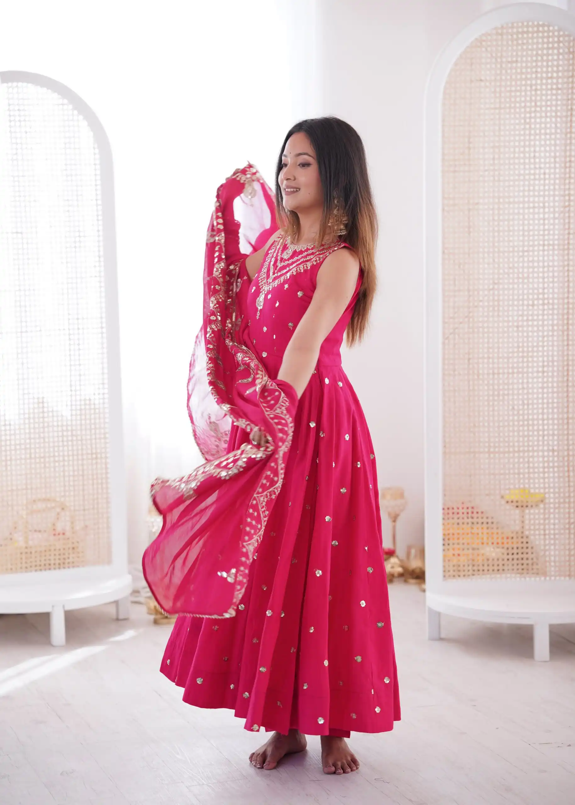 JF 038 Rani Pink Roman Silk Gown with Embroidery Work. Wedding, Party, Events, Navratri, Exclusive Offer ₹2149. Delivery 4-6 Working Days. Shop now. | Gowns, Bollywood Gowns, Creative Gowns, Designer Gowns, Embroidered Gowns, Party Wear Gowns