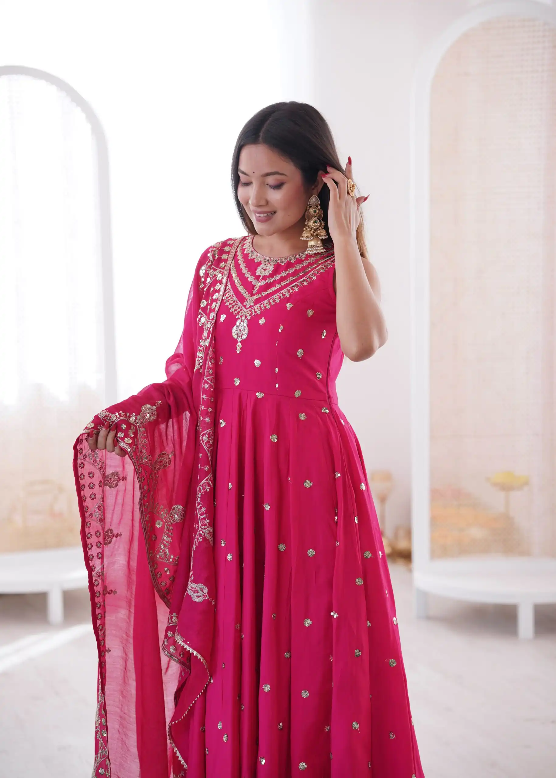 JF 038 Rani Pink Roman Silk Gown with Embroidery Work. Wedding, Party, Events, Navratri, Exclusive Offer ₹2149. Delivery 4-6 Working Days. Shop now. | Gowns, Bollywood Gowns, Creative Gowns, Designer Gowns, Embroidered Gowns, Party Wear Gowns