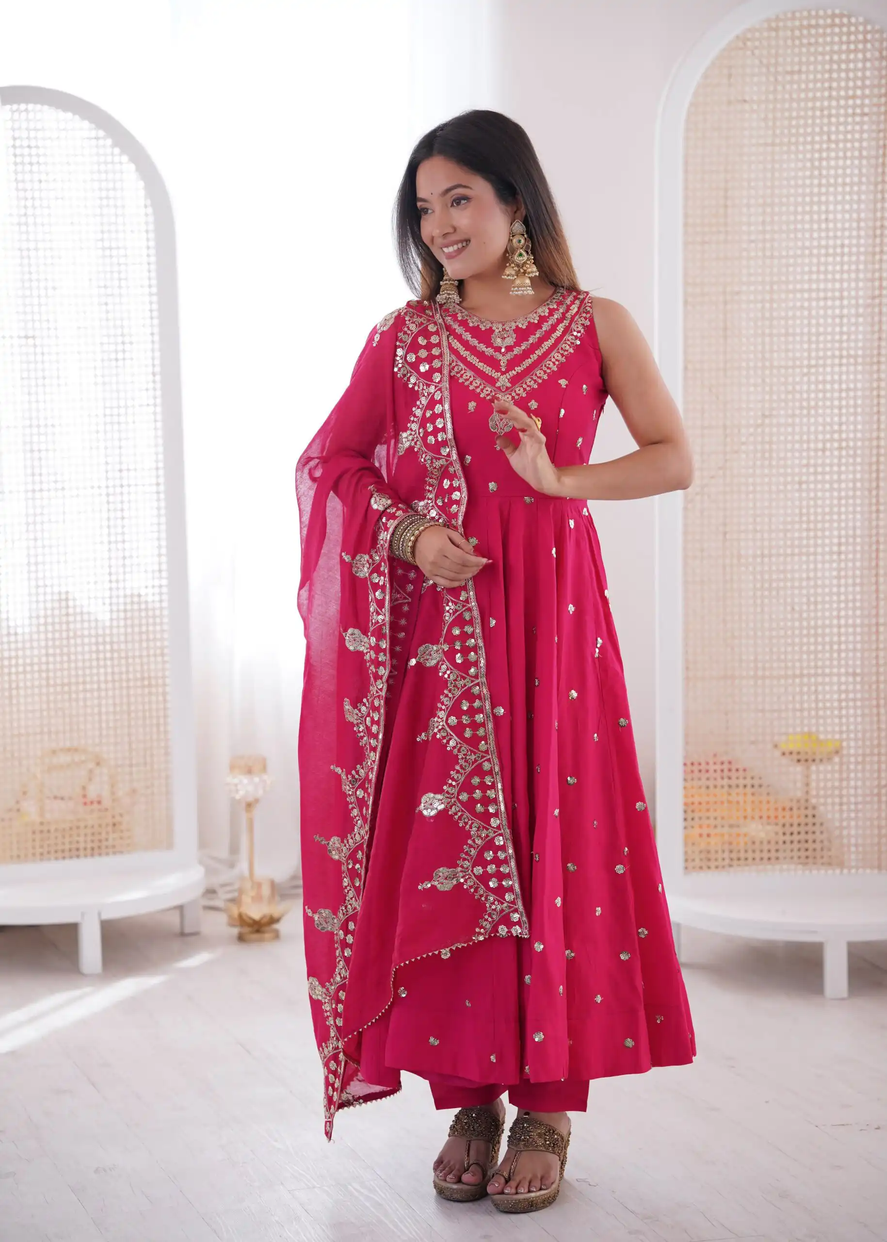 JF 038 Rani Pink Roman Silk Gown with Embroidery Work. Wedding, Party, Events, Navratri, Exclusive Offer ₹2149. Delivery 4-6 Working Days. Shop now. | Gowns, Bollywood Gowns, Creative Gowns, Designer Gowns, Embroidered Gowns, Party Wear Gowns