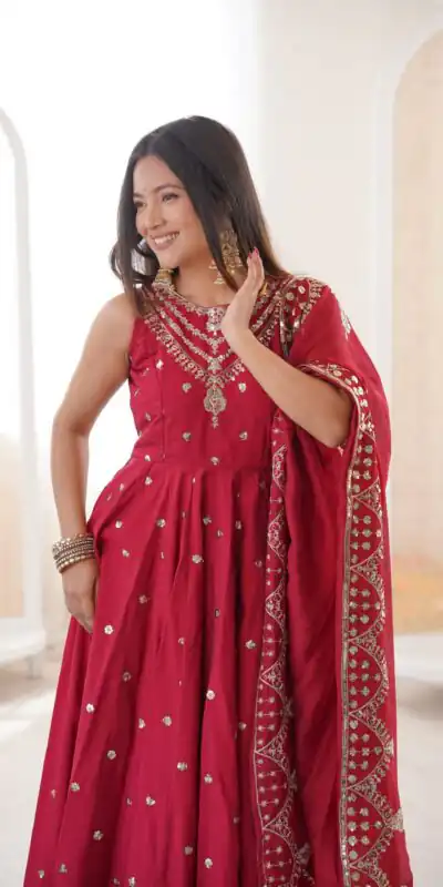 JF 038 Red Roman Silk Gown with Embroidery Work. Wedding, Party, Festive, Events, Navratri, Exclusive Offer ₹2149. Delivery 4-6 Working Days. Shop now. | Gowns, Bollywood Gowns, Creative Gowns, Designer Gowns, Embroidered Gowns, Party Wear Gowns