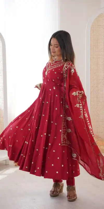JF 038 Red Roman Silk Gown with Embroidery Work. Wedding, Party, Festive, Events, Navratri, Exclusive Offer ₹2149. Delivery 4-6 Working Days. Shop now. | Gowns, Bollywood Gowns, Creative Gowns, Designer Gowns, Embroidered Gowns, Party Wear Gowns