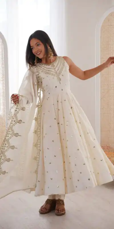 JF 038 White Roman Silk Gown with Embroidery Work. Wedding, Party, Festive, Events, Navratri, Exclusive Offer ₹2149. Delivery 4-6 Working Days. Shop now. | Gowns, Bollywood Gowns, Creative Gowns, Designer Gowns, Embroidered Gowns, Party Wear Gowns