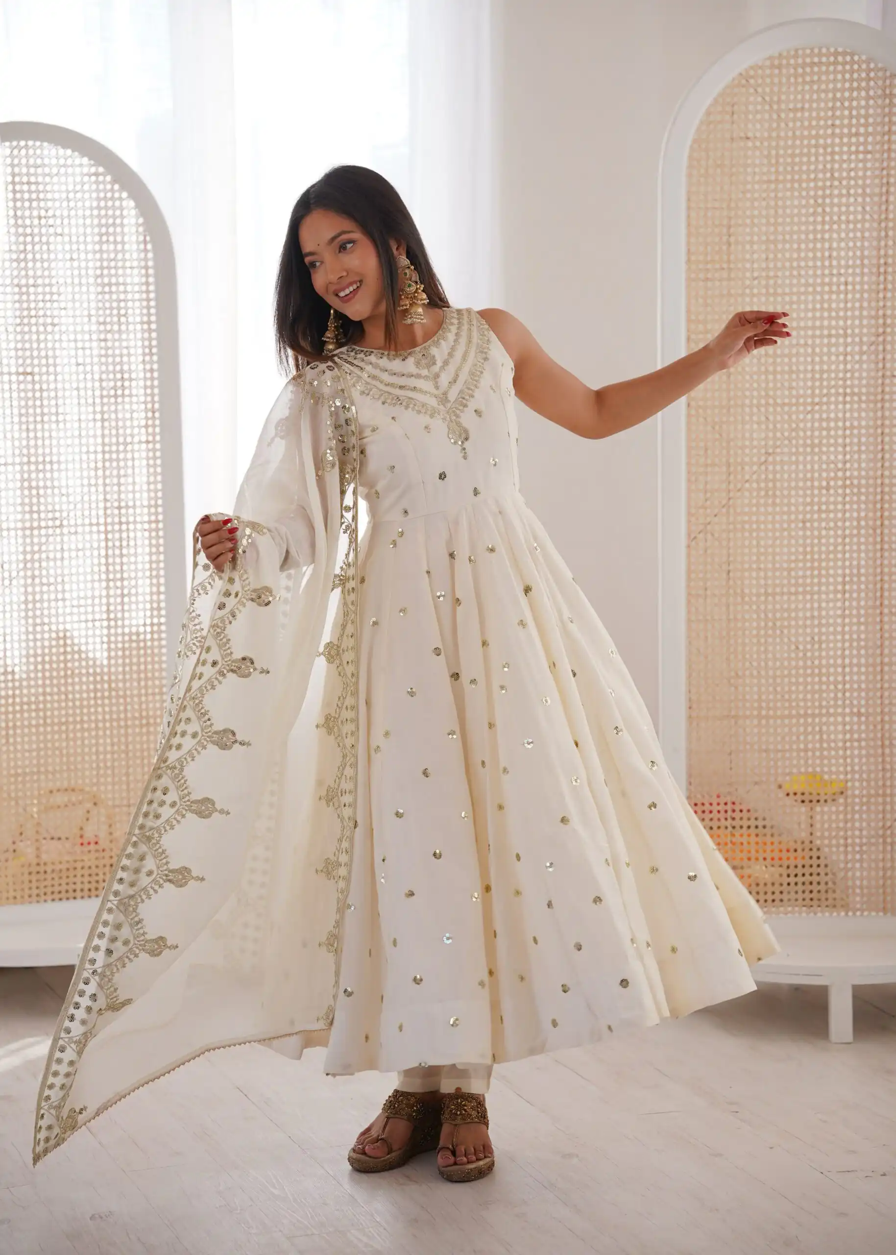 JF 038 White Roman Silk Gown with Embroidery Work. Wedding, Party, Festive, Events, Navratri, Exclusive Offer ₹2149. Delivery 4-6 Working Days. Shop now. | Gowns, Bollywood Gowns, Creative Gowns, Designer Gowns, Embroidered Gowns, Party Wear Gowns