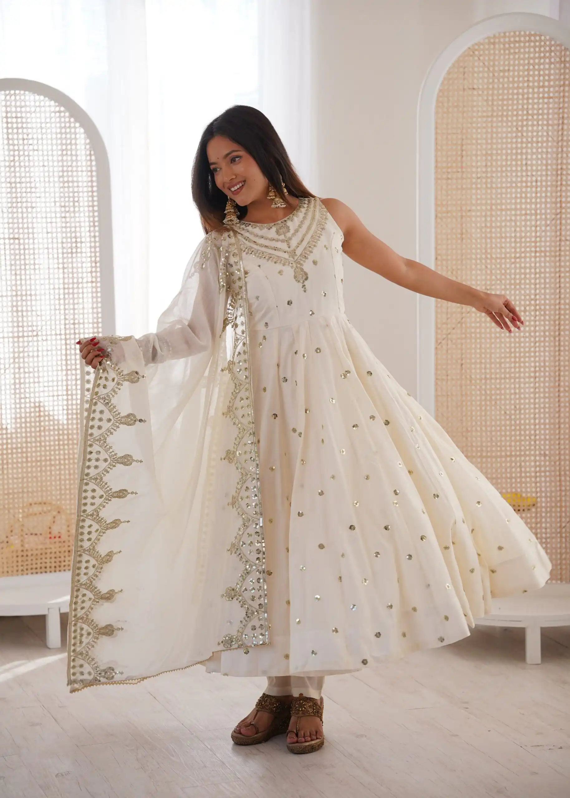 JF 038 White Roman Silk Gown with Embroidery Work. Wedding, Party, Festive, Events, Navratri, Exclusive Offer ₹2149. Delivery 4-6 Working Days. Shop now. | Gowns, Bollywood Gowns, Creative Gowns, Designer Gowns, Embroidered Gowns, Party Wear Gowns