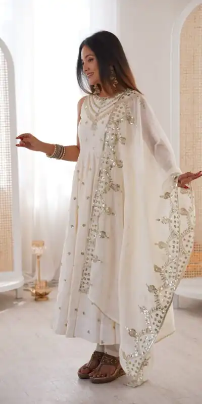 JF 038 White Roman Silk Gown with Embroidery Work. Wedding, Party, Festive, Events, Navratri, Exclusive Offer ₹2149. Delivery 4-6 Working Days. Shop now. | Gowns, Bollywood Gowns, Creative Gowns, Designer Gowns, Embroidered Gowns, Party Wear Gowns