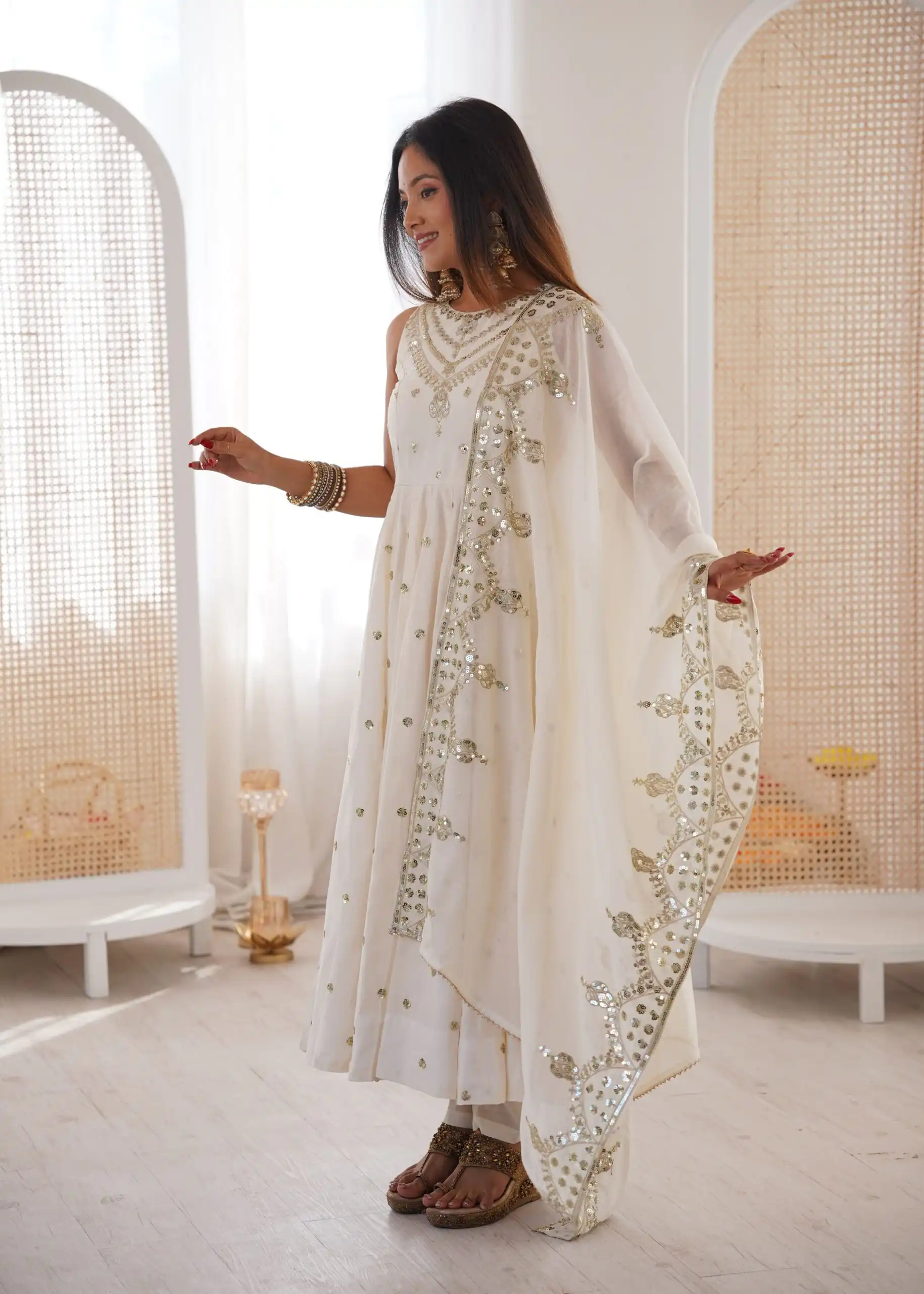 JF 038 White Roman Silk Gown with Embroidery Work. Wedding, Party, Festive, Events, Navratri, Exclusive Offer ₹2149. Delivery 4-6 Working Days. Shop now. | Gowns, Bollywood Gowns, Creative Gowns, Designer Gowns, Embroidered Gowns, Party Wear Gowns