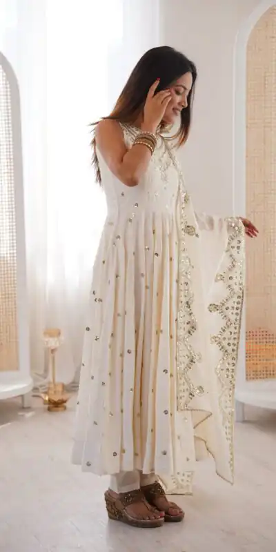 JF 038 White Roman Silk Gown with Embroidery Work. Wedding, Party, Festive, Events, Navratri, Exclusive Offer ₹2149. Delivery 4-6 Working Days. Shop now. | Gowns, Bollywood Gowns, Creative Gowns, Designer Gowns, Embroidered Gowns, Party Wear Gowns