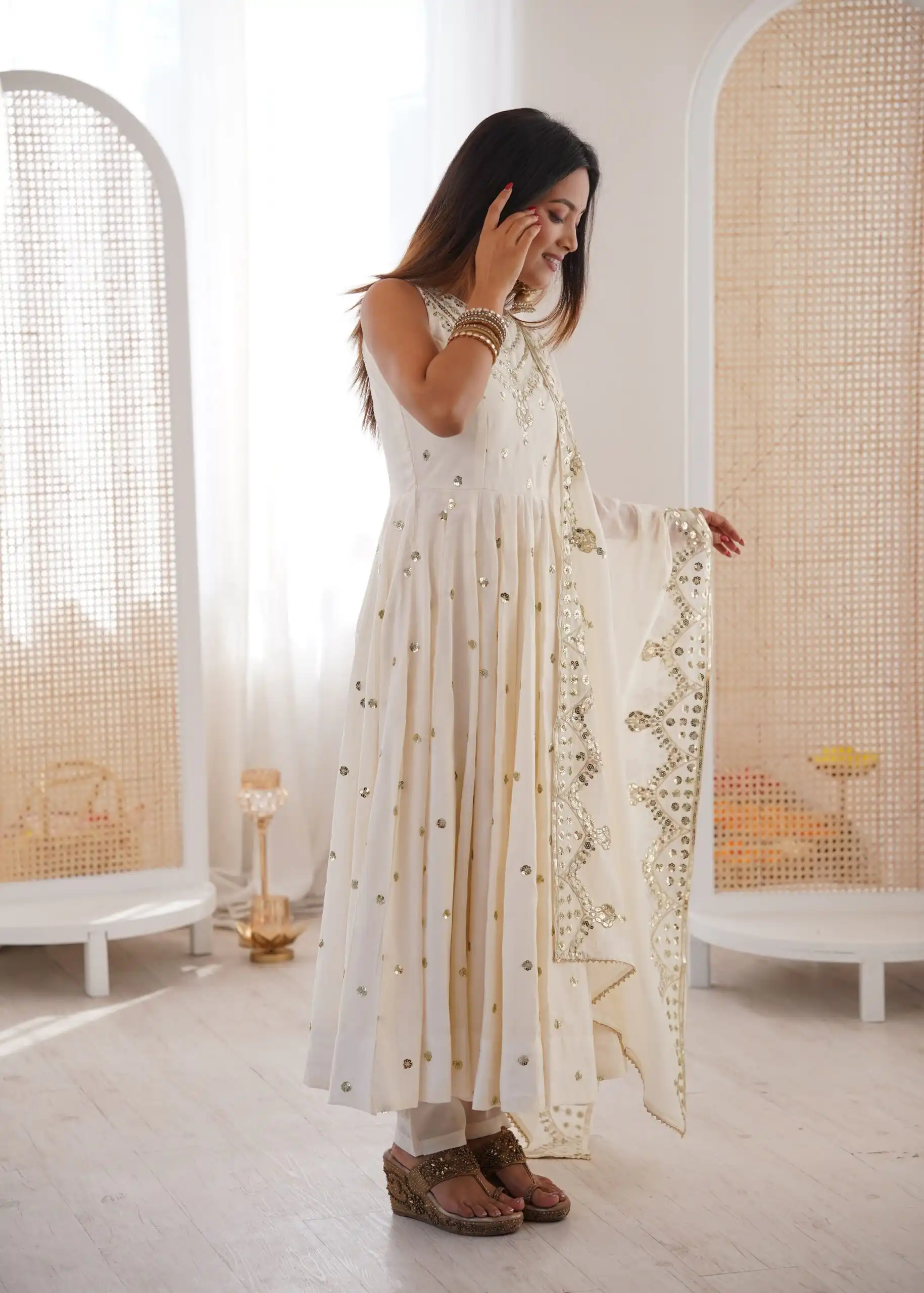 JF 038 White Roman Silk Gown with Embroidery Work. Wedding, Party, Festive, Events, Navratri, Exclusive Offer ₹2149. Delivery 4-6 Working Days. Shop now. | Gowns, Bollywood Gowns, Creative Gowns, Designer Gowns, Embroidered Gowns, Party Wear Gowns