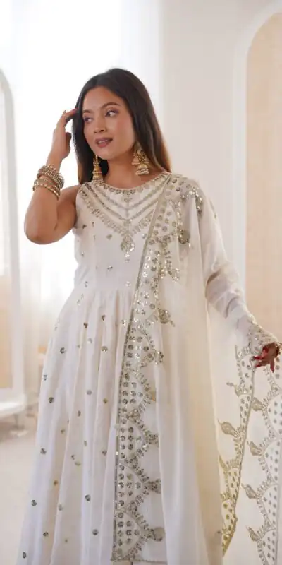 JF 038 White Roman Silk Gown with Embroidery Work. Wedding, Party, Festive, Events, Navratri, Exclusive Offer ₹2149. Delivery 4-6 Working Days. Shop now. | Gowns, Bollywood Gowns, Creative Gowns, Designer Gowns, Embroidered Gowns, Party Wear Gowns