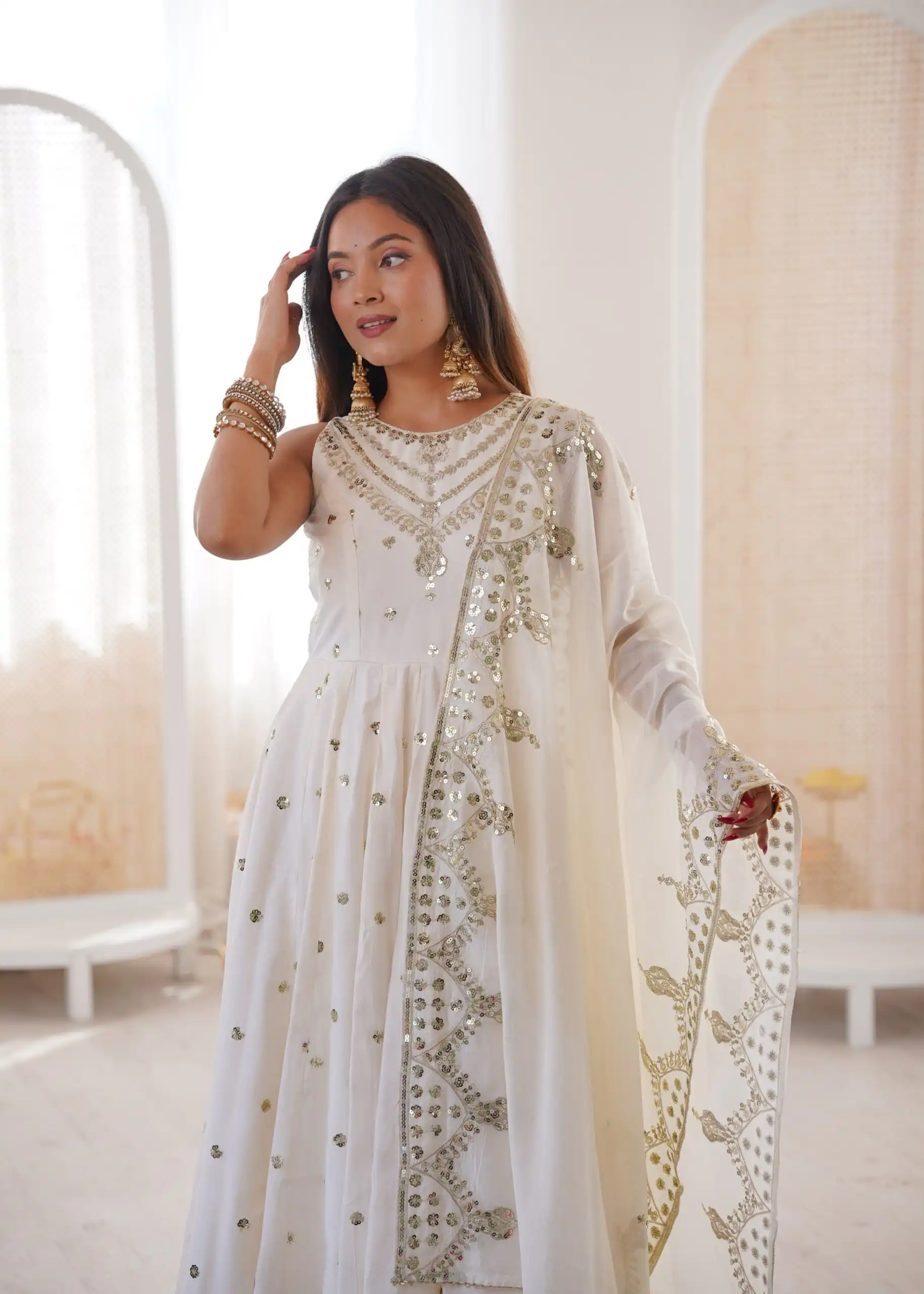 JF 038 White Roman Silk Gown with Embroidery Work. Wedding, Party, Festive, Events, Navratri, Exclusive Offer ₹2149. Delivery 4-6 Working Days. Shop now. | Gowns, Bollywood Gowns, Creative Gowns, Designer Gowns, Embroidered Gowns, Party Wear Gowns