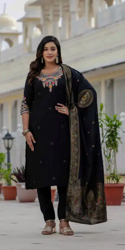 DIVA 125 | Black Roman Silk Salwar Suit with Sequins Work & Embroidery Work. Available at ₹1799 only. Delivery 4-6 Working Days. Shop now. | Jump Suits, Salwar suit, Casual Suits, Creative suits, Designer Suits, Palazzo Suits, Party Wear Suits, Patiala Suits, Straight Suits