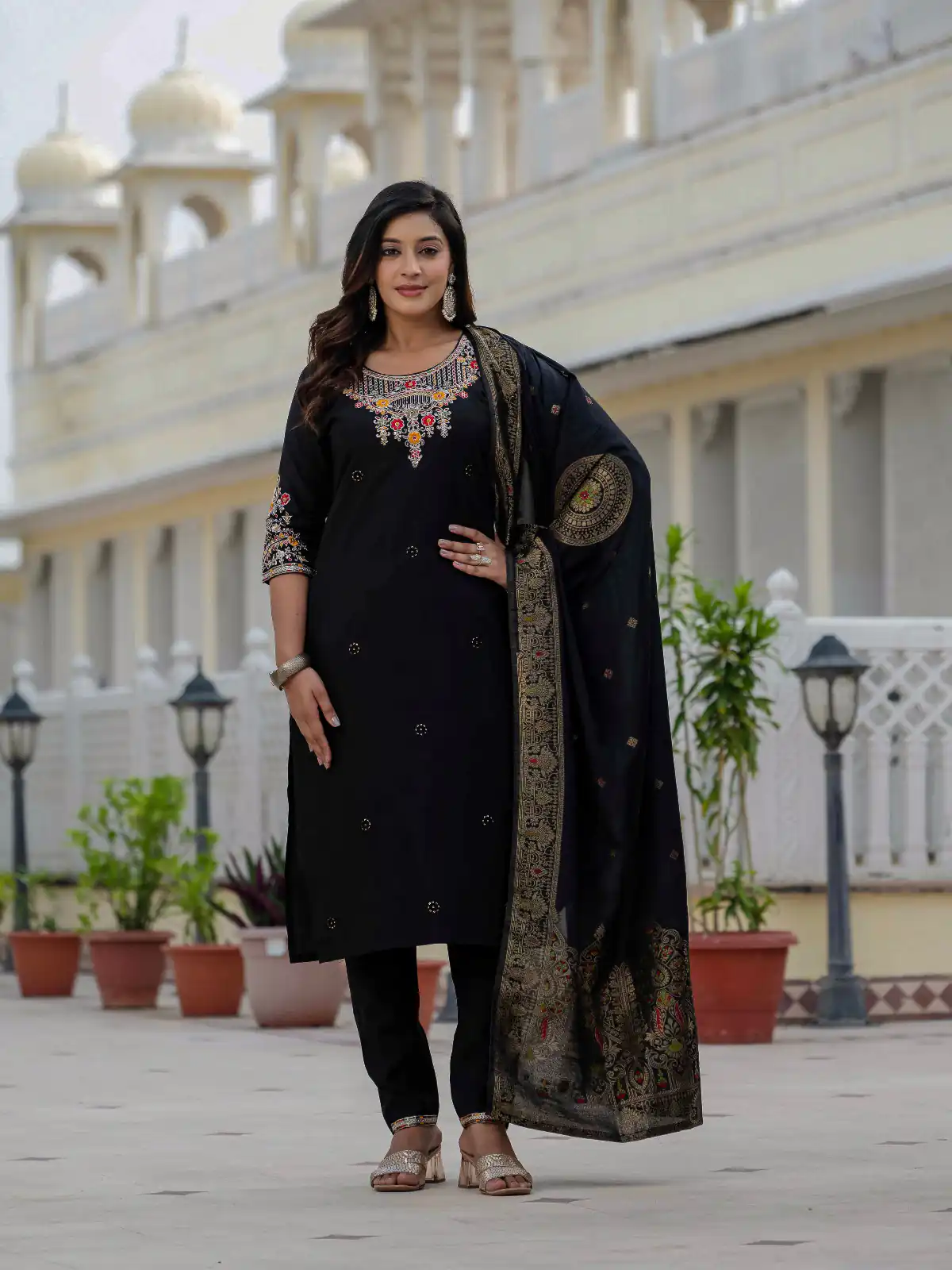DIVA 125 | Black Roman Silk Salwar Suit with Sequins Work & Embroidery Work. Available at ₹1799 only. Delivery 4-6 Working Days. Shop now. | Jump Suits, Salwar suit, Casual Suits, Creative suits, Designer Suits, Palazzo Suits, Party Wear Suits, Patiala Suits, Straight Suits