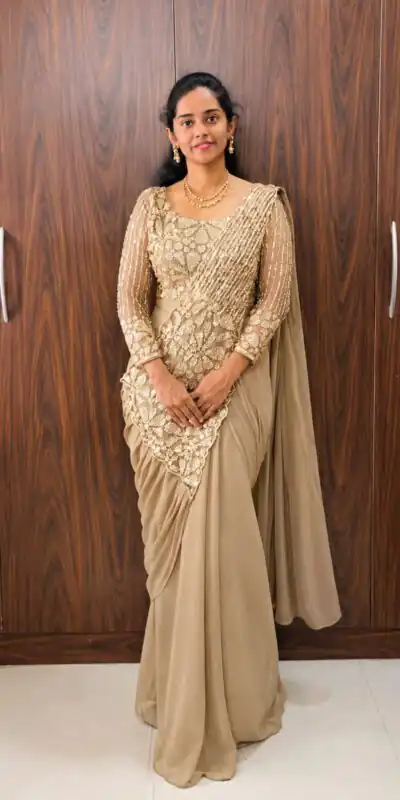 ST 1201 Chiku in Faux Georgette Zari Work & Embroidery Work Saree. Special Price ₹1899. Delivery 4-6 Working Days. Shop now. | Designer Sarees, Modern Digital sarees, Sarees, Bollywood Sarees, Creative Sarees, Embroidered Sarees, Ethnic Saree, Party Wear Sarees