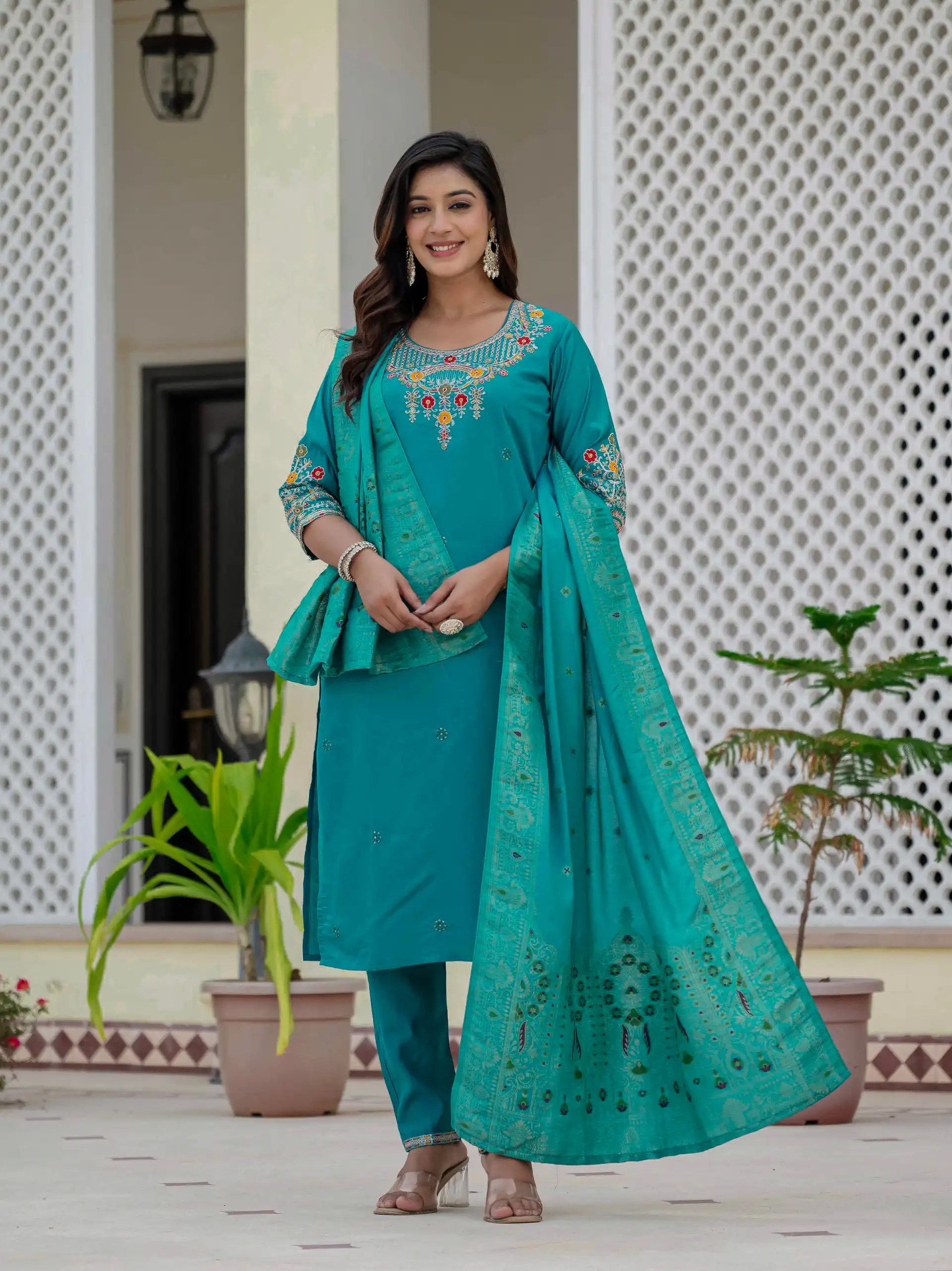 DIVA 125 | Firozi Roman Silk Salwar Suit with Sequins Work & Embroidery Work. Available at ₹1799 only. Delivery 4-6 Working Days. Shop now. | Jump Suits, Salwar suit, Casual Suits, Creative suits, Designer Suits, Palazzo Suits, Party Wear Suits, Patiala Suits, Straight Suits