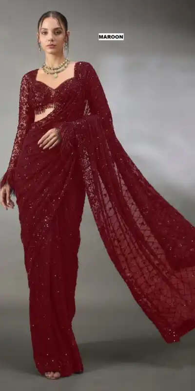 DF 3474 Maroon Faux Georgette Saree Perfect for Wedding, Party, Bridal Wear, Baisakhi, Raksha Bandhan –. Introductory Price ₹1799. Delivery 4-6 Workin | Designer Sarees, Modern Digital sarees, Sarees, Bollywood Sarees, Creative Sarees, Embroidered Sarees, Ethnic Saree, Party Wear Sarees