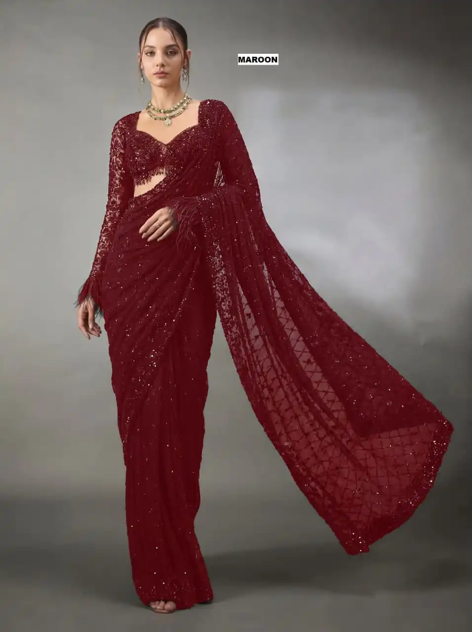 DF 3474 Maroon Faux Georgette Saree Perfect for Wedding, Party, Bridal Wear, Baisakhi, Raksha Bandhan –. Introductory Price ₹1799. Delivery 4-6 Workin | Designer Sarees, Modern Digital sarees, Sarees, Bollywood Sarees, Creative Sarees, Embroidered Sarees, Ethnic Saree, Party Wear Sarees