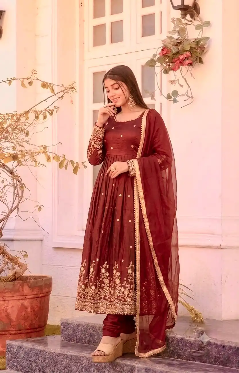 JF 051 Maroon | Maroon Fendy Silk Gown with Embroidery Work & Sequins Work. Special Price ₹2399. Delivery 4-6 Working Days. Shop now. | Gowns, Bollywood Gowns, Creative Gowns, Designer Gowns, Embroidered Gowns, Party Wear Gowns