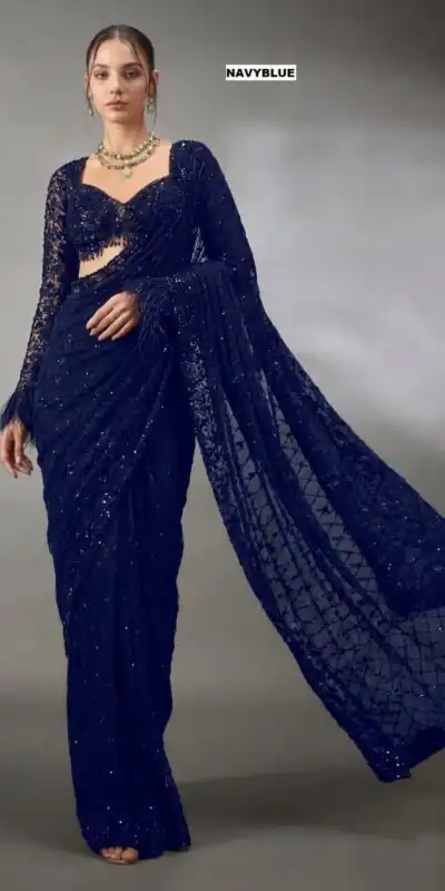 DF 3474 Navy Blue Faux Georgette Saree Perfect for Wedding, Party, Bridal Wear, Baisakhi, Raksha Bandhan –. Introductory Price ₹1799. Delivery 4-6 Workin | Designer Sarees, Modern Digital sarees, Sarees, Bollywood Sarees, Creative Sarees, Embroidered Sarees, Ethnic Saree, Party Wear Sarees