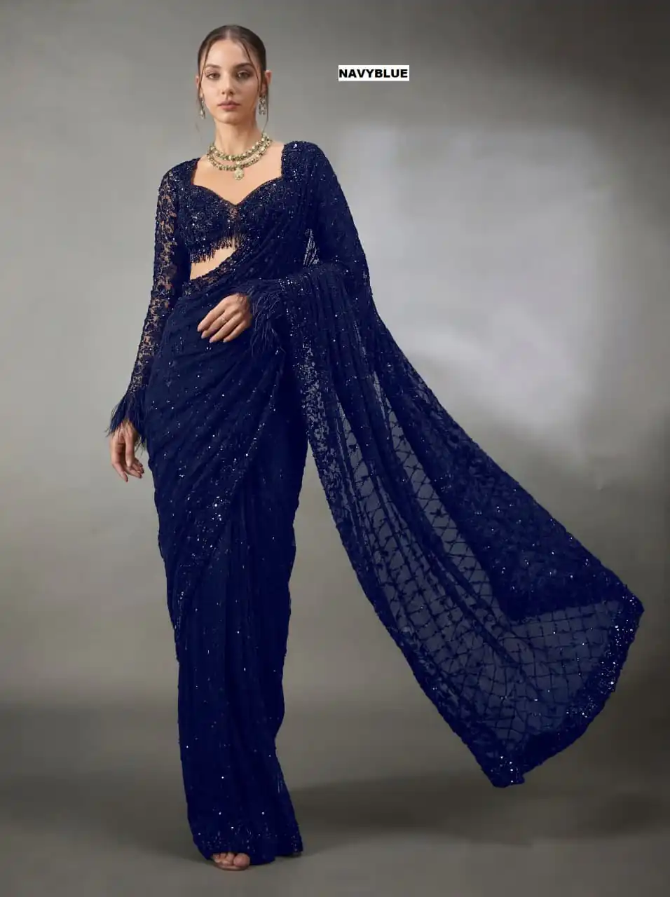 DF 3474 Navy Blue Faux Georgette Saree Perfect for Wedding, Party, Bridal Wear, Baisakhi, Raksha Bandhan –. Introductory Price ₹1799. Delivery 4-6 Workin | Designer Sarees, Modern Digital sarees, Sarees, Bollywood Sarees, Creative Sarees, Embroidered Sarees, Ethnic Saree, Party Wear Sarees