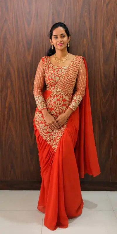 ST 1201 Orange in Faux Georgette Zari Work & Embroidery Work Saree. Special Price ₹1899. Delivery 4-6 Working Days. Shop now. | Designer Sarees, Modern Digital sarees, Sarees, Bollywood Sarees, Creative Sarees, Embroidered Sarees, Ethnic Saree, Party Wear Sarees