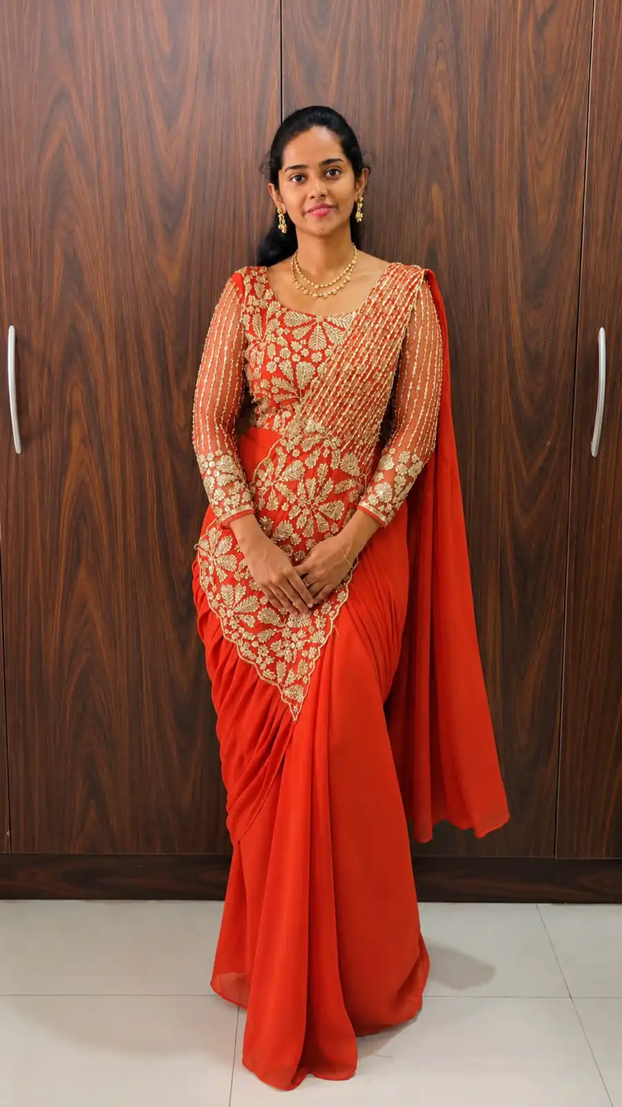 ST 1201 Orange in Faux Georgette Zari Work & Embroidery Work Saree. Special Price ₹1899. Delivery 4-6 Working Days. Shop now. | Designer Sarees, Modern Digital sarees, Sarees, Bollywood Sarees, Creative Sarees, Embroidered Sarees, Ethnic Saree, Party Wear Sarees