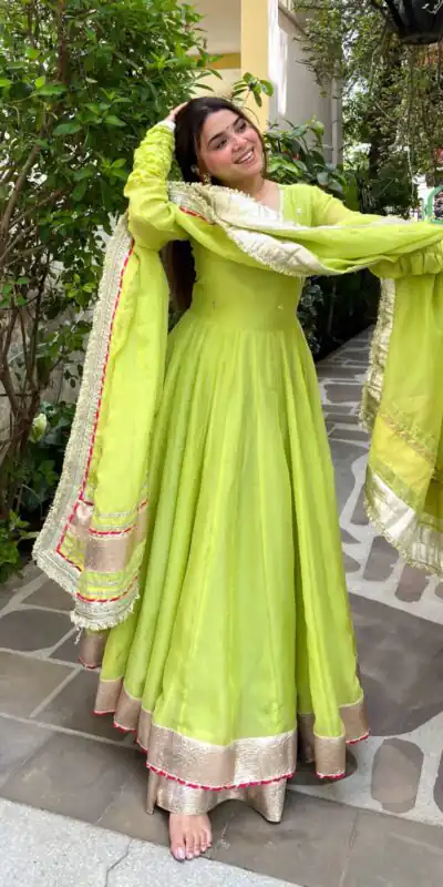 RTC 6048 Parrot Green | Parrot Tabby Organza Silk Gown with Hand Work & Mirror Work. Special Price ₹2549. Delivery 4-6 Working Days. Shop now. | Gowns, Bollywood Gowns, Creative Gowns, Designer Gowns, Embroidered Gowns, Party Wear Gowns