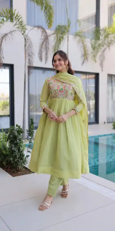 KA 1239 Pista Roman Silk Gown Perfect for Wedding, Party, Reception, Karwa Chauth, Baby Shower – . Now at just ₹2599. Delivery 4-6 Working Days. Shop | Gowns, Bollywood Gowns, Creative Gowns, Designer Gowns, Embroidered Gowns, Party Wear Gowns, Casual Suits