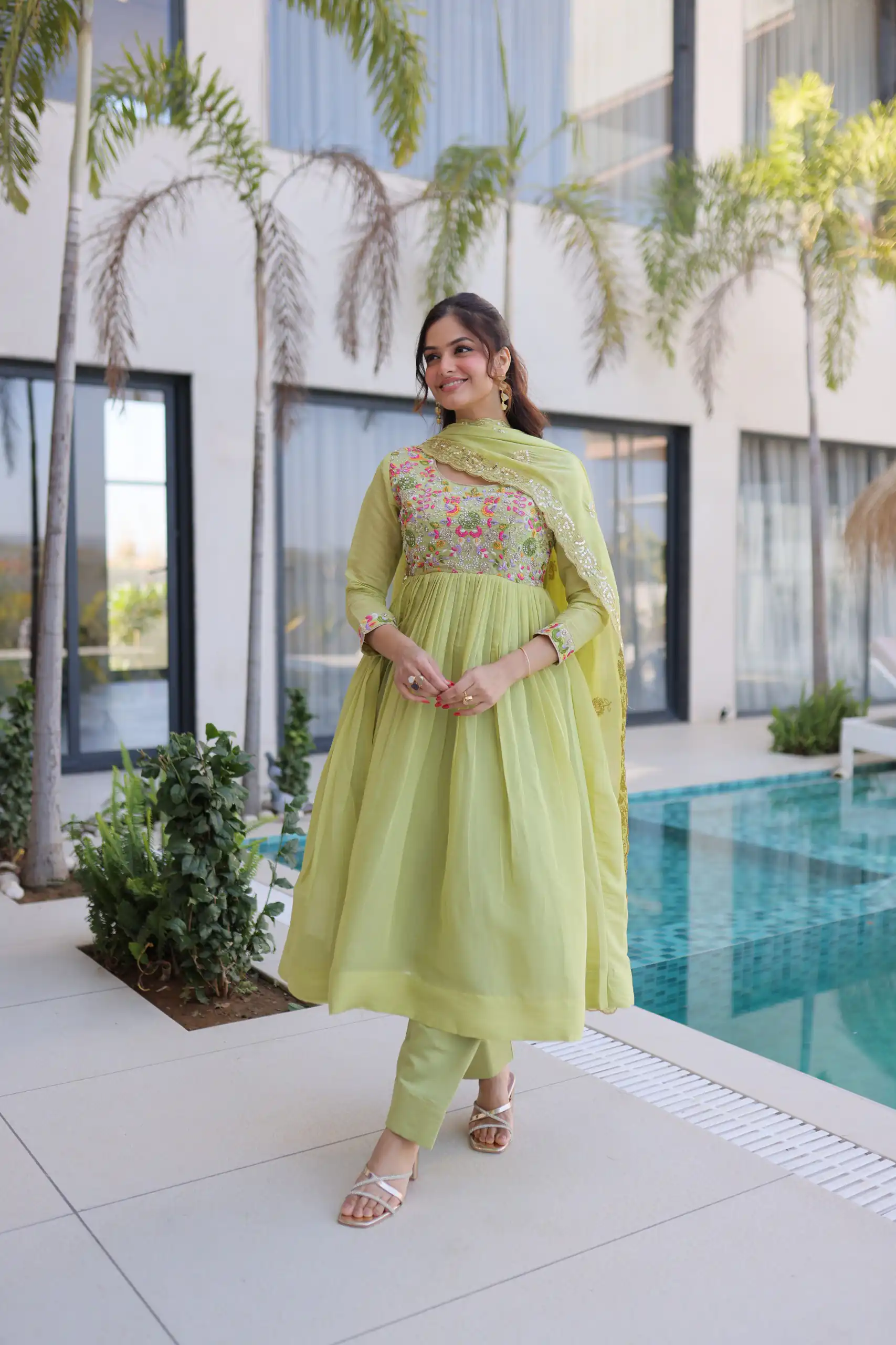 KA 1239 Pista Roman Silk Gown Perfect for Wedding, Party, Reception, Karwa Chauth, Baby Shower – . Now at just ₹2599. Delivery 4-6 Working Days. Shop | Gowns, Bollywood Gowns, Creative Gowns, Designer Gowns, Embroidered Gowns, Party Wear Gowns, Casual Suits