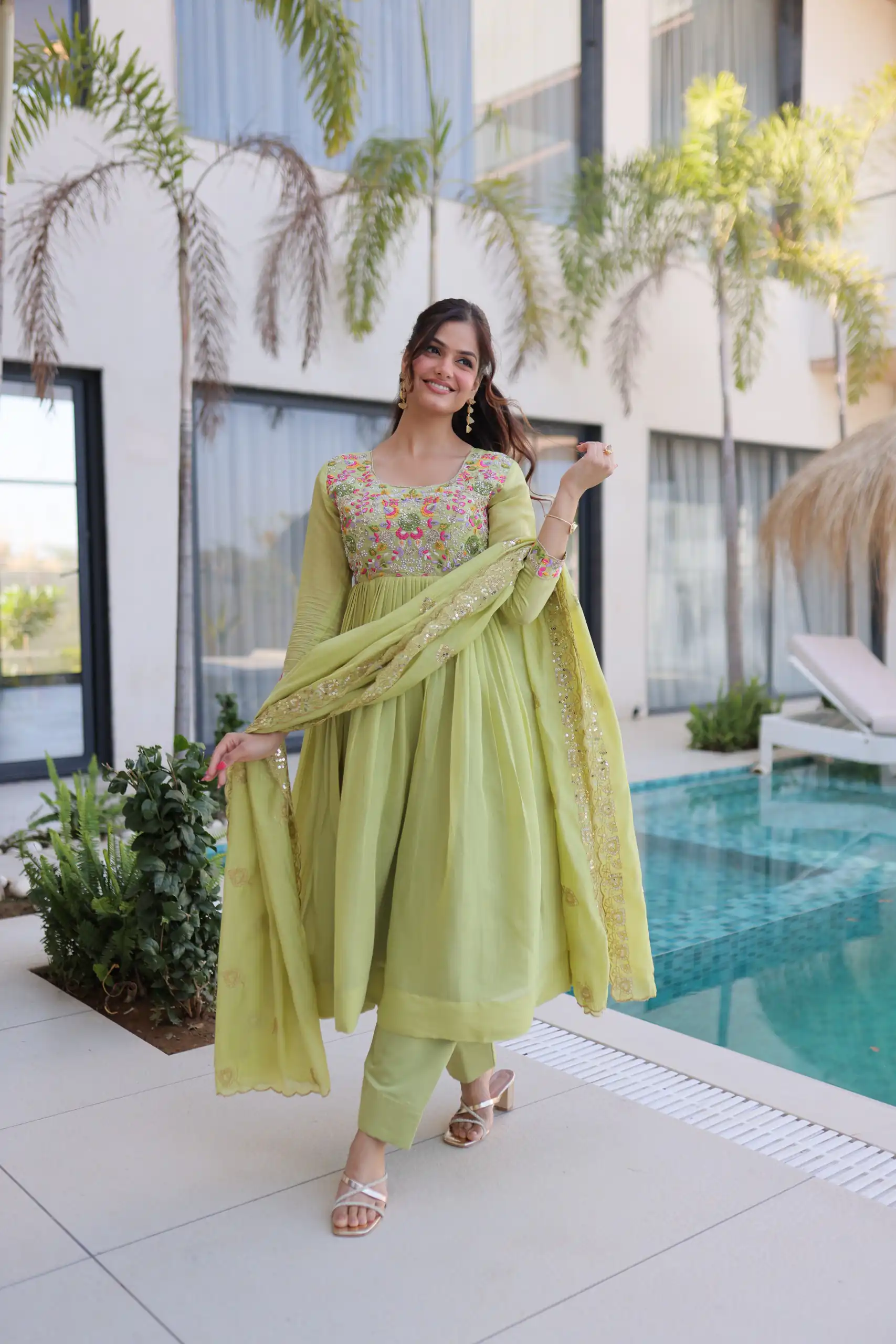 KA 1239 Pista Roman Silk Gown Perfect for Wedding, Party, Reception, Karwa Chauth, Baby Shower – . Now at just ₹2599. Delivery 4-6 Working Days. Shop | Gowns, Bollywood Gowns, Creative Gowns, Designer Gowns, Embroidered Gowns, Party Wear Gowns, Casual Suits