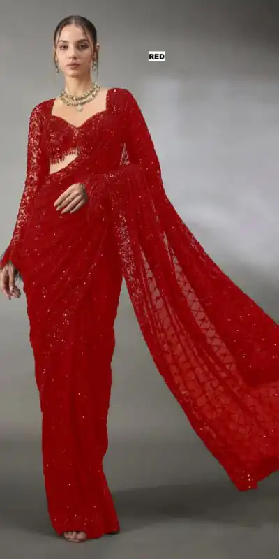 DF 3474 Red Faux Georgette Saree Perfect for Wedding, Party, Bridal Wear, Baisakhi, Raksha Bandhan –. Introductory Price ₹1799. Delivery 4-6 Workin | Designer Sarees, Modern Digital sarees, Sarees, Bollywood Sarees, Creative Sarees, Embroidered Sarees, Ethnic Saree, Party Wear Sarees