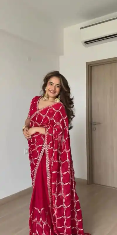 KD 634 Red Color Fendy Silk Saree With Sequins Work. Wedding, Party, Festive, Events Get it for ₹2399. Delivery 4-6 Working Days. Online Best Shop now. | Designer Sarees, Modern Digital sarees, Sarees, Bollywood Sarees, Creative Sarees, Embroidered Sarees, Ethnic Saree, Party Wear Sarees