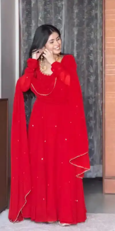 ZC 10023 Red Fox Georgette Gown Perfect for Wedding, Party, Makar Sankranti, Festival Celebrations, Engagement –. Grab it for ₹1999. Delivery 4-6 Worki | Gowns, Bollywood Gowns, Creative Gowns, Designer Gowns, Embroidered Gowns, Party Wear Gowns