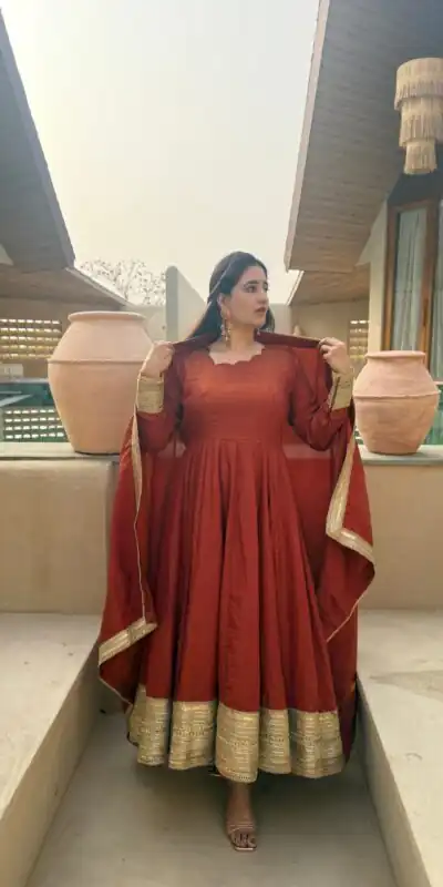 NF 1293 Rust NC Vichitra Salwar Suit with Sequins Work & Embroidery Work. Available at ₹2499 only. Delivery 4-6 Working Days. Shop now. | Anarkali Suits, Bollywood Anarkali, Creative-Anarkali, Designer Anarkali, Embroidered Anarkali, Party Wear Anarkali, Salwar suit