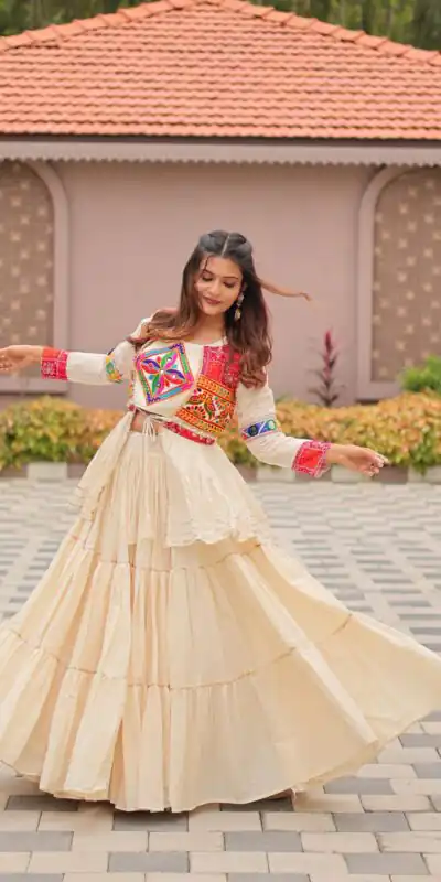 Ram 120 White in Pure Cotton Mirror Work & Gamthi Work Lehenga Choli . Exclusive Offer ₹3049. Delivery 4-6 Working Days. Shop now. | Lehenga, Bollywood Lehenga, Creative Lehenga, Designer Lehenga, Embroidered Lehenga, Party Wear Lehenga