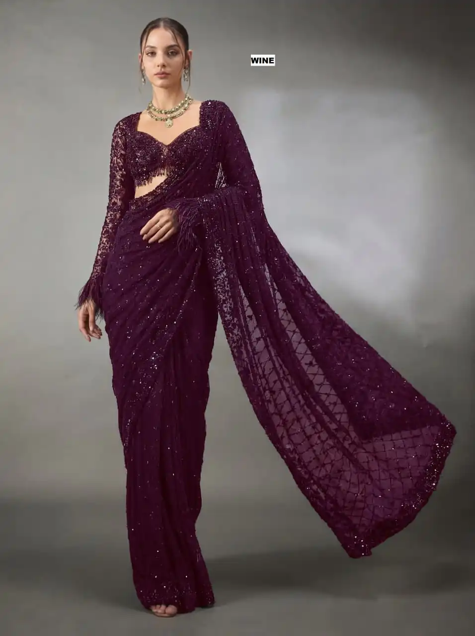 DF 3474 Wine Faux Georgette Saree Perfect for Wedding, Party, Bridal Wear, Baisakhi, Raksha Bandhan –. Introductory Price ₹1799. Delivery 4-6 Workin | Designer Sarees, Modern Digital sarees, Sarees, Bollywood Sarees, Creative Sarees, Embroidered Sarees, Ethnic Saree, Party Wear Sarees