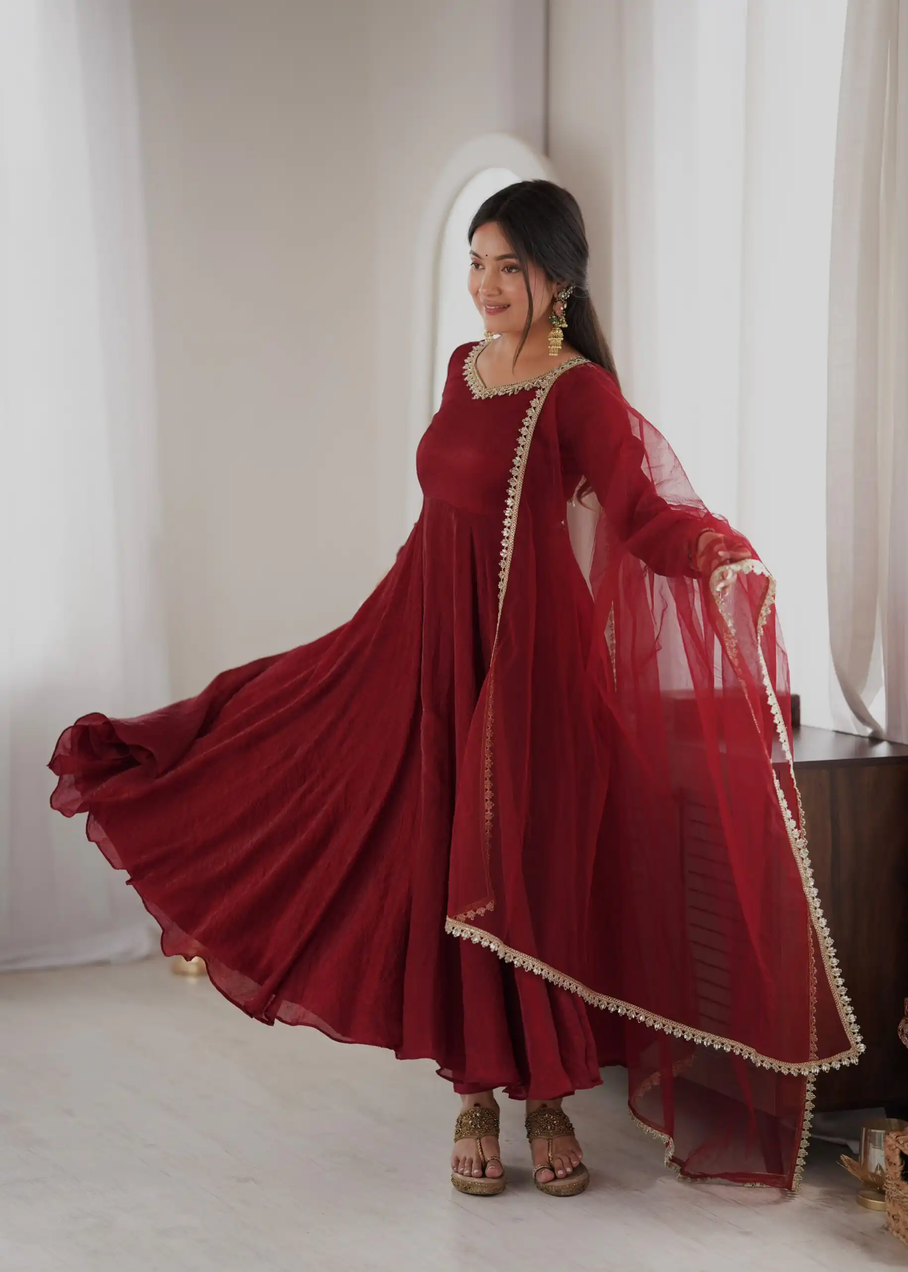 SRK 5355 Maroon Doremon Crush Gown with Lace Work & Mirror Work. Exclusive Offer ₹2099. Delivery 4-6 Working Days. Shop now. | Gowns, Bollywood Gowns, Creative Gowns, Designer Gowns, Embroidered Gowns, Party Wear Gowns