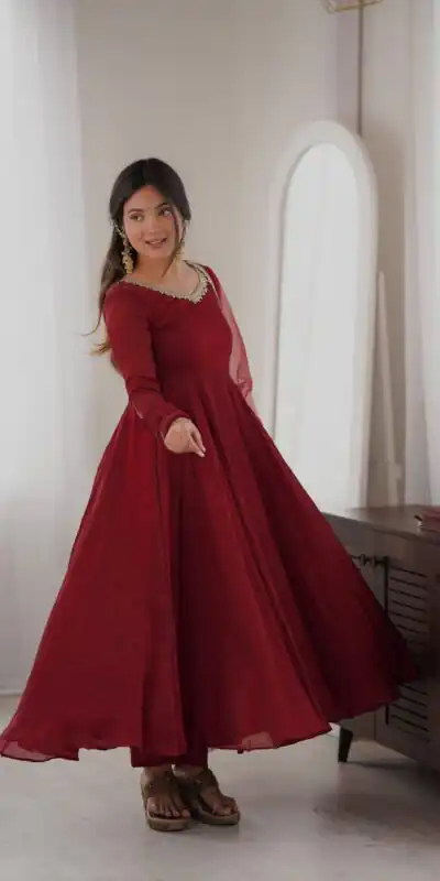 SRK 5355 Maroon Doremon Crush Gown with Lace Work & Mirror Work. Exclusive Offer ₹2099. Delivery 4-6 Working Days. Shop now. | Gowns, Bollywood Gowns, Creative Gowns, Designer Gowns, Embroidered Gowns, Party Wear Gowns