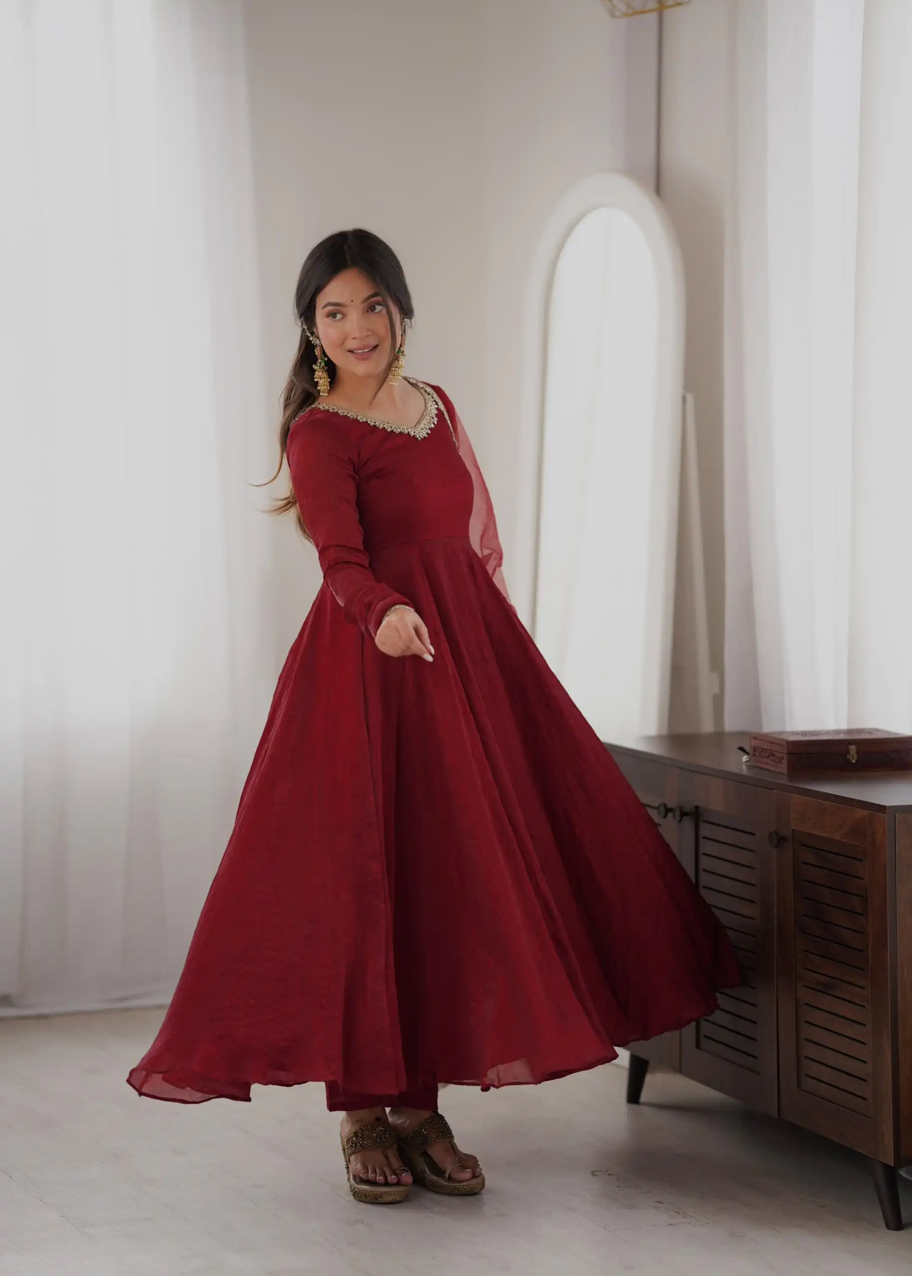 SRK 5355 Maroon Doremon Crush Gown with Lace Work & Mirror Work. Exclusive Offer ₹2099. Delivery 4-6 Working Days. Shop now. | Gowns, Bollywood Gowns, Creative Gowns, Designer Gowns, Embroidered Gowns, Party Wear Gowns