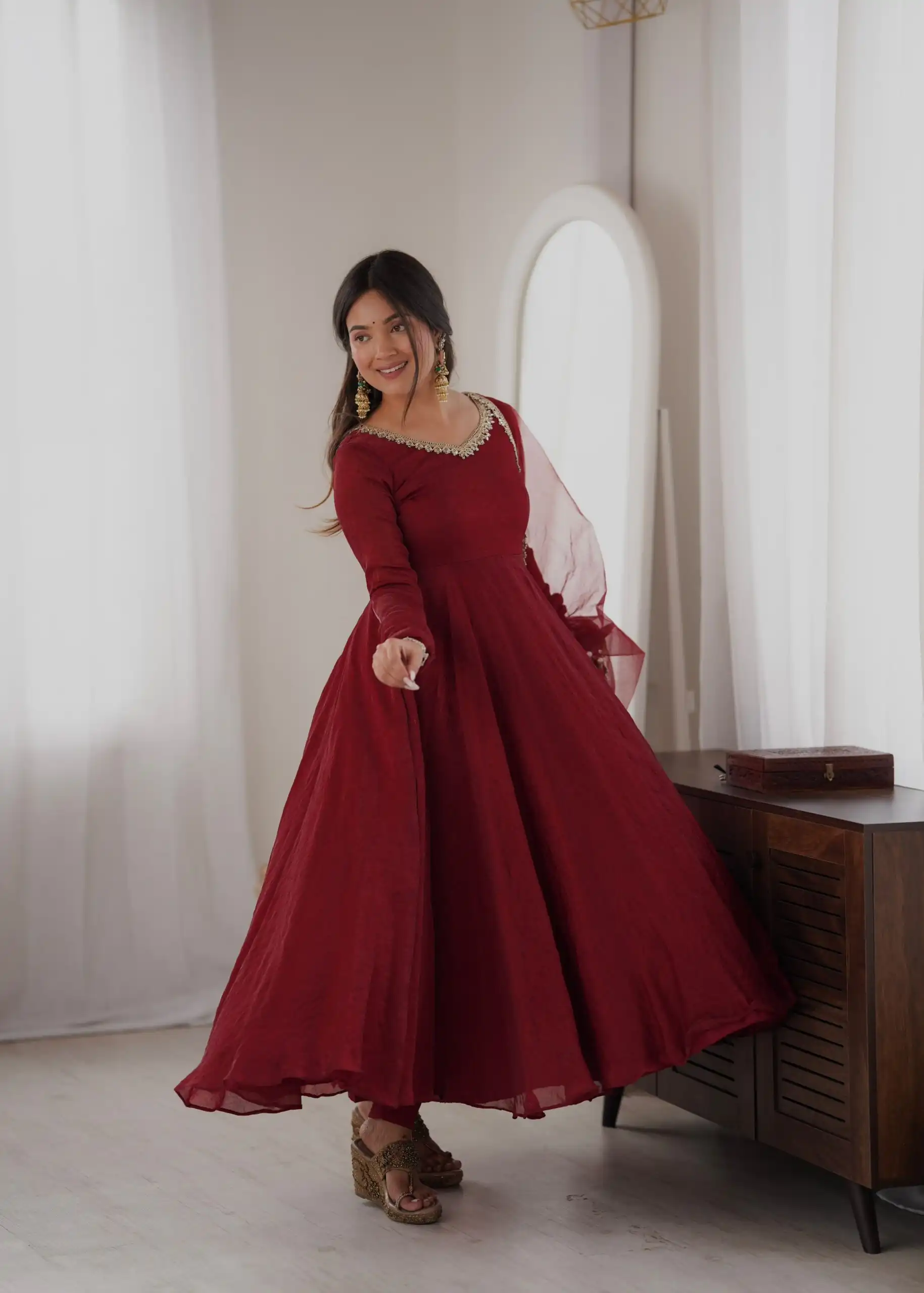 SRK 5355 Maroon Doremon Crush Gown with Lace Work & Mirror Work. Exclusive Offer ₹2099. Delivery 4-6 Working Days. Shop now. | Gowns, Bollywood Gowns, Creative Gowns, Designer Gowns, Embroidered Gowns, Party Wear Gowns