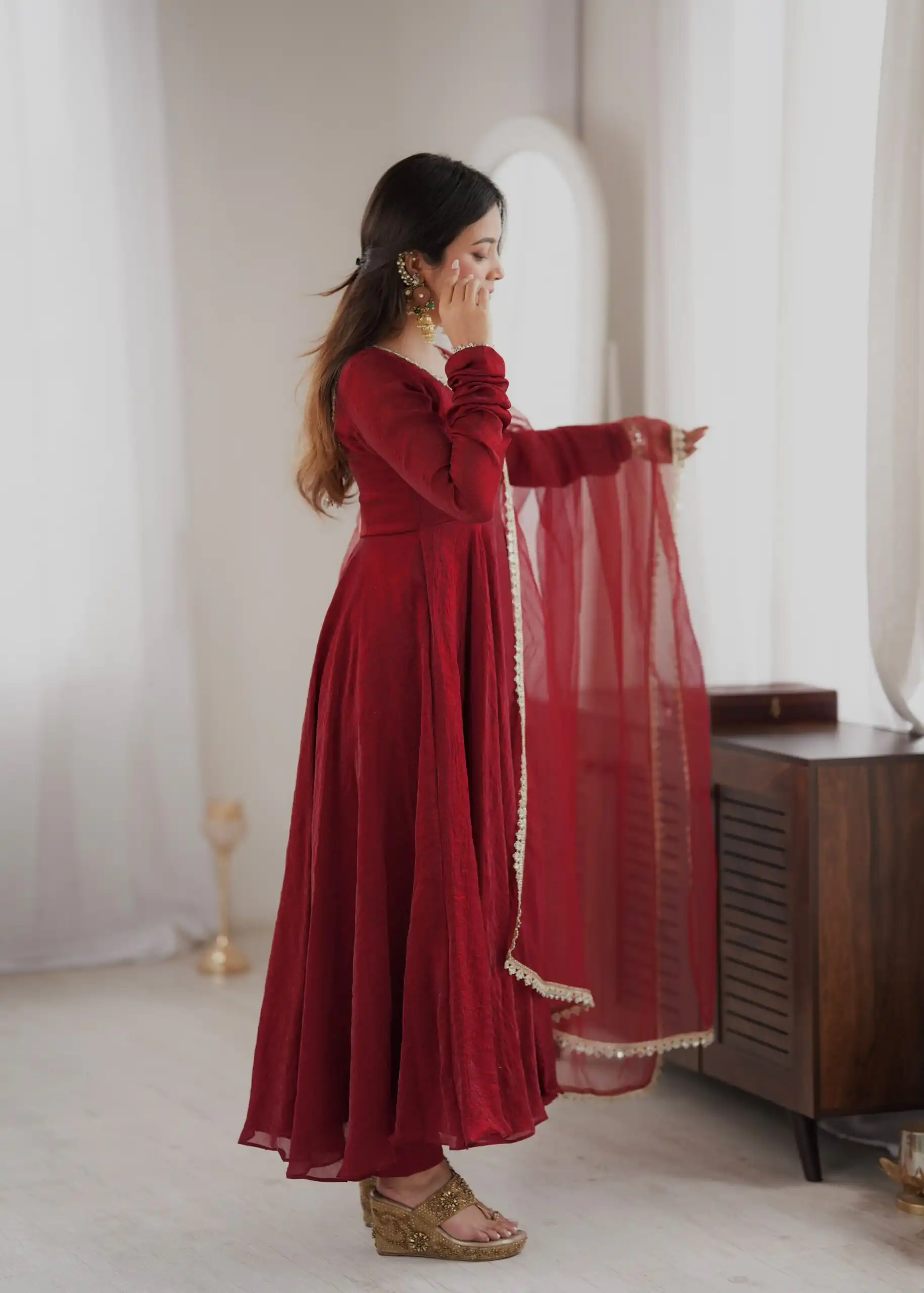 SRK 5355 Maroon Doremon Crush Gown with Lace Work & Mirror Work. Exclusive Offer ₹2099. Delivery 4-6 Working Days. Shop now. | Gowns, Bollywood Gowns, Creative Gowns, Designer Gowns, Embroidered Gowns, Party Wear Gowns