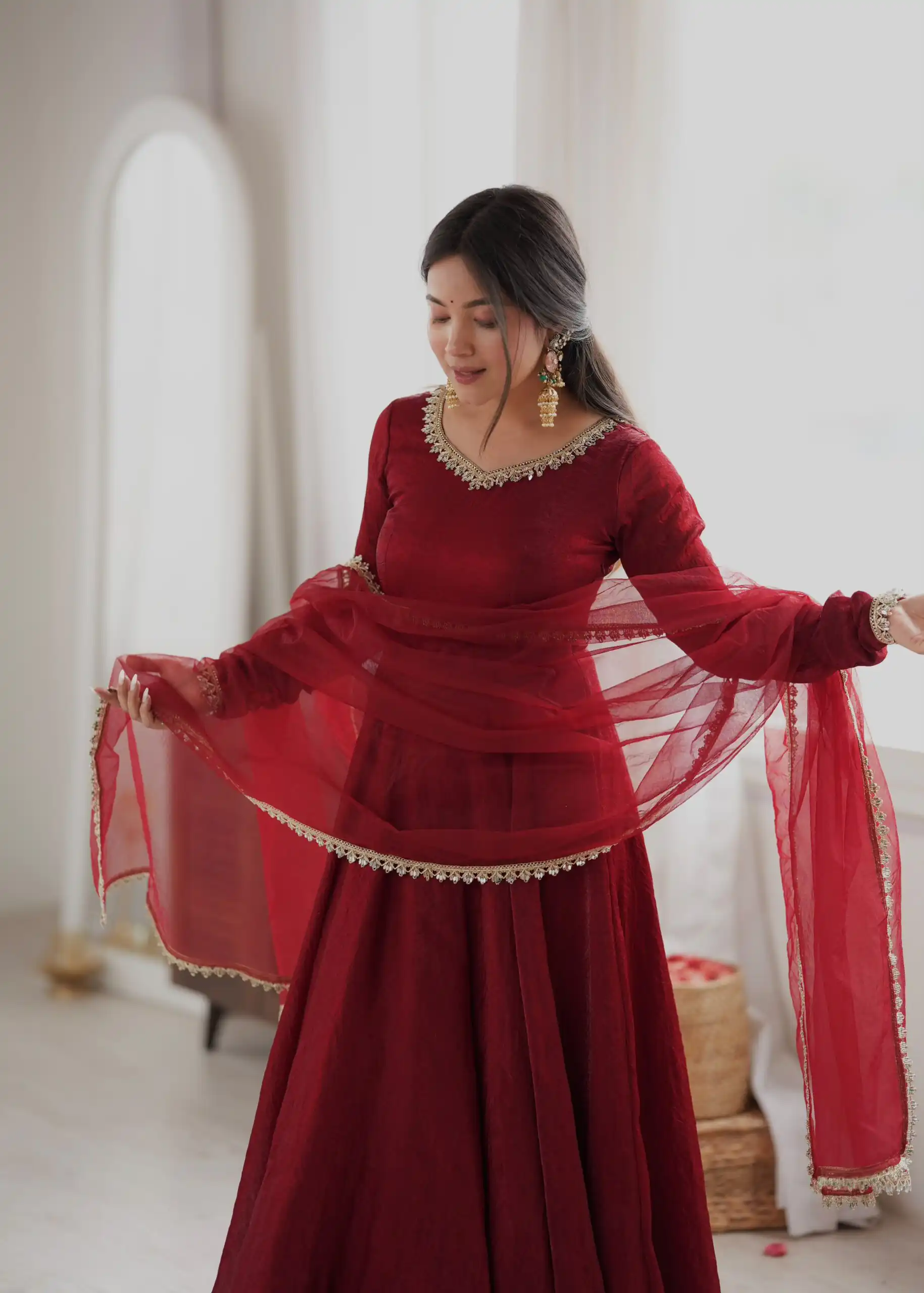 SRK 5355 Maroon Doremon Crush Gown with Lace Work & Mirror Work. Exclusive Offer ₹2099. Delivery 4-6 Working Days. Shop now. | Gowns, Bollywood Gowns, Creative Gowns, Designer Gowns, Embroidered Gowns, Party Wear Gowns