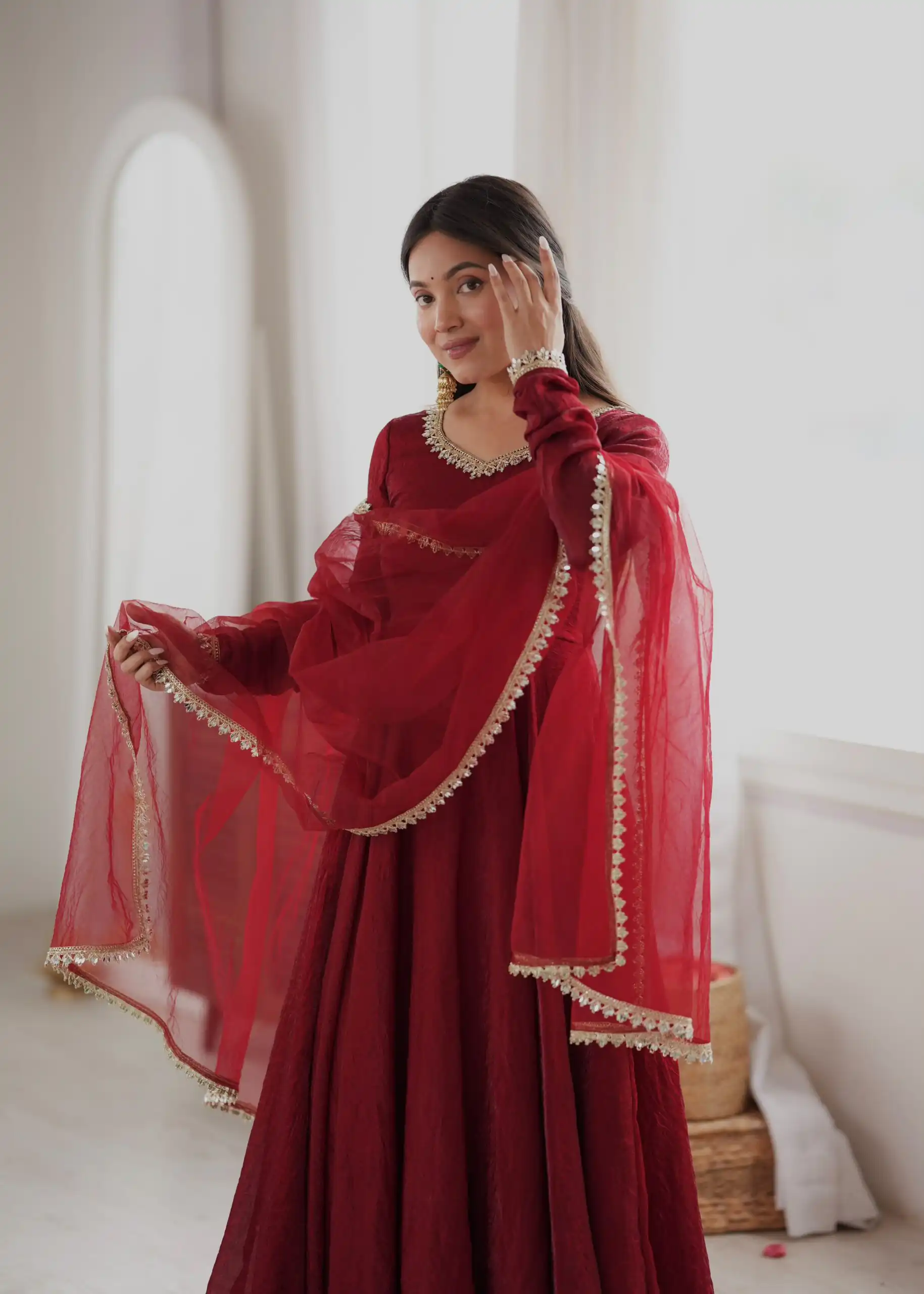 SRK 5355 Maroon Doremon Crush Gown with Lace Work & Mirror Work. Exclusive Offer ₹2099. Delivery 4-6 Working Days. Shop now. | Gowns, Bollywood Gowns, Creative Gowns, Designer Gowns, Embroidered Gowns, Party Wear Gowns