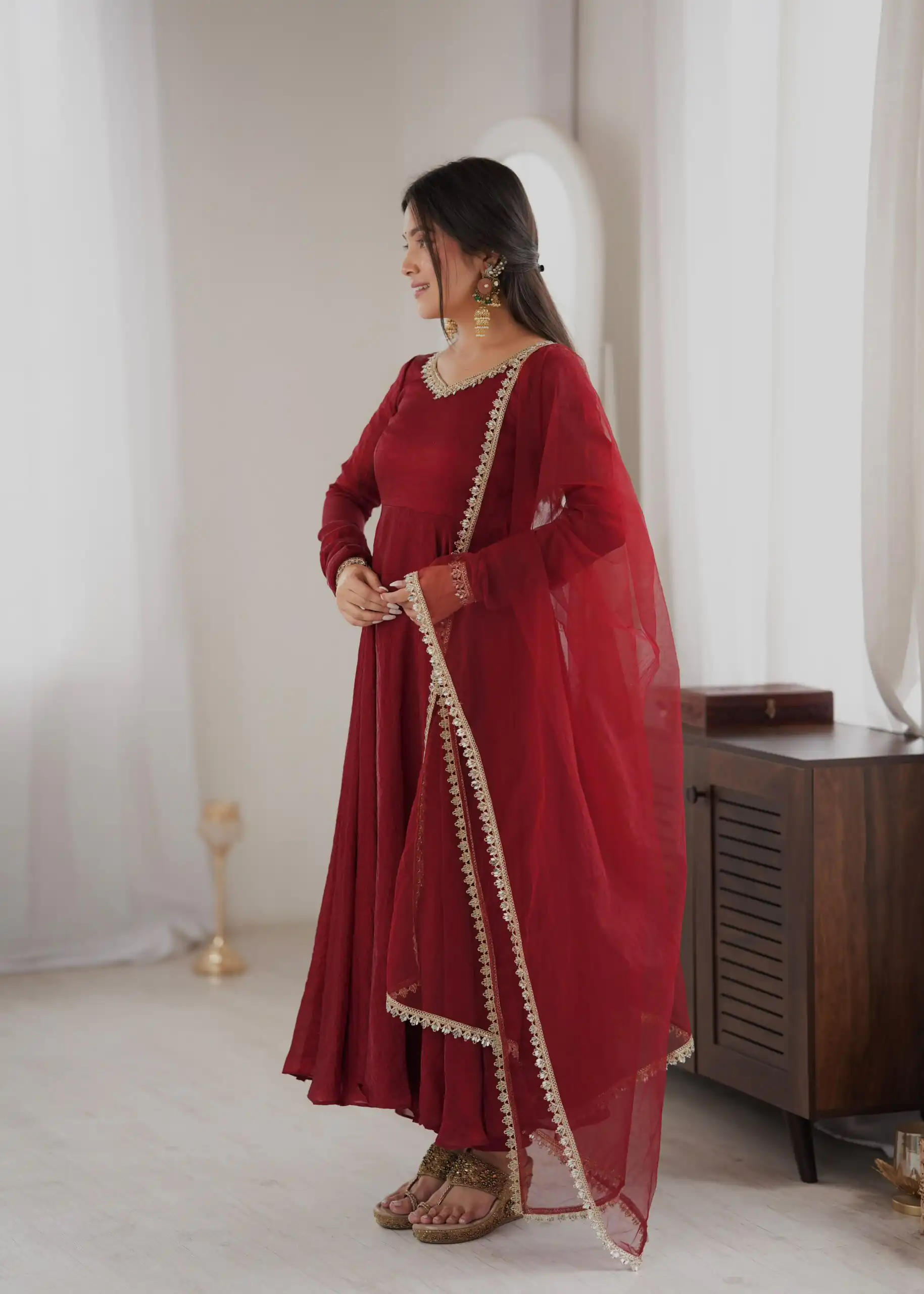SRK 5355 Maroon Doremon Crush Gown with Lace Work & Mirror Work. Exclusive Offer ₹2099. Delivery 4-6 Working Days. Shop now. | Gowns, Bollywood Gowns, Creative Gowns, Designer Gowns, Embroidered Gowns, Party Wear Gowns