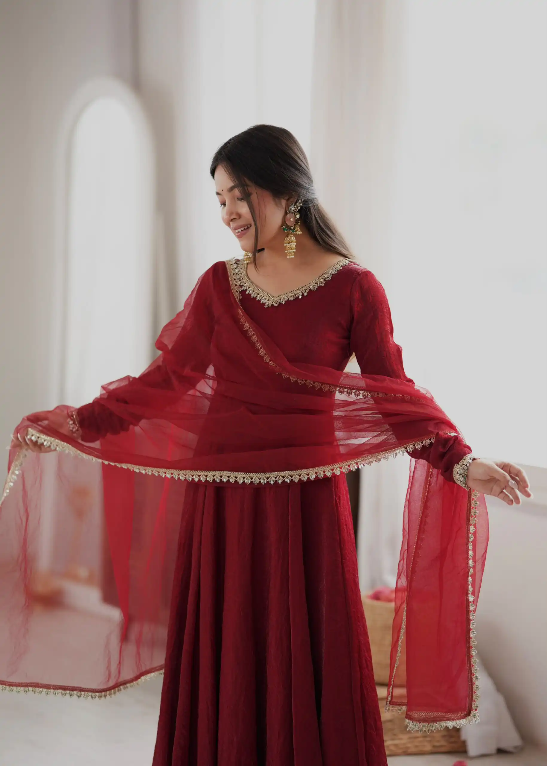 SRK 5355 Maroon Doremon Crush Gown with Lace Work & Mirror Work. Exclusive Offer ₹2099. Delivery 4-6 Working Days. Shop now. | Gowns, Bollywood Gowns, Creative Gowns, Designer Gowns, Embroidered Gowns, Party Wear Gowns