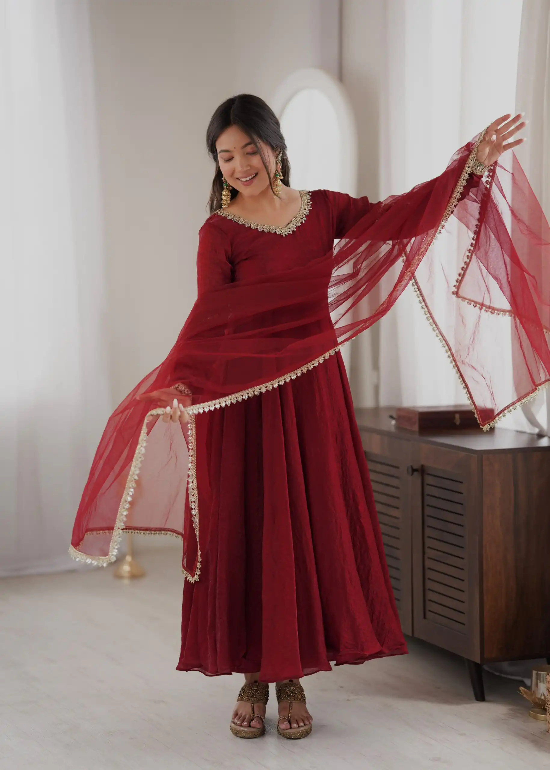 SRK 5355 Maroon Doremon Crush Gown with Lace Work & Mirror Work. Exclusive Offer ₹2099. Delivery 4-6 Working Days. Shop now. | Gowns, Bollywood Gowns, Creative Gowns, Designer Gowns, Embroidered Gowns, Party Wear Gowns