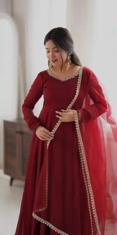 SRK 5355 Maroon Doremon Crush Gown with Lace Work & Mirror Work. Exclusive Offer ₹2099. Delivery 4-6 Working Days. Shop now. | Gowns, Bollywood Gowns, Creative Gowns, Designer Gowns, Embroidered Gowns, Party Wear Gowns