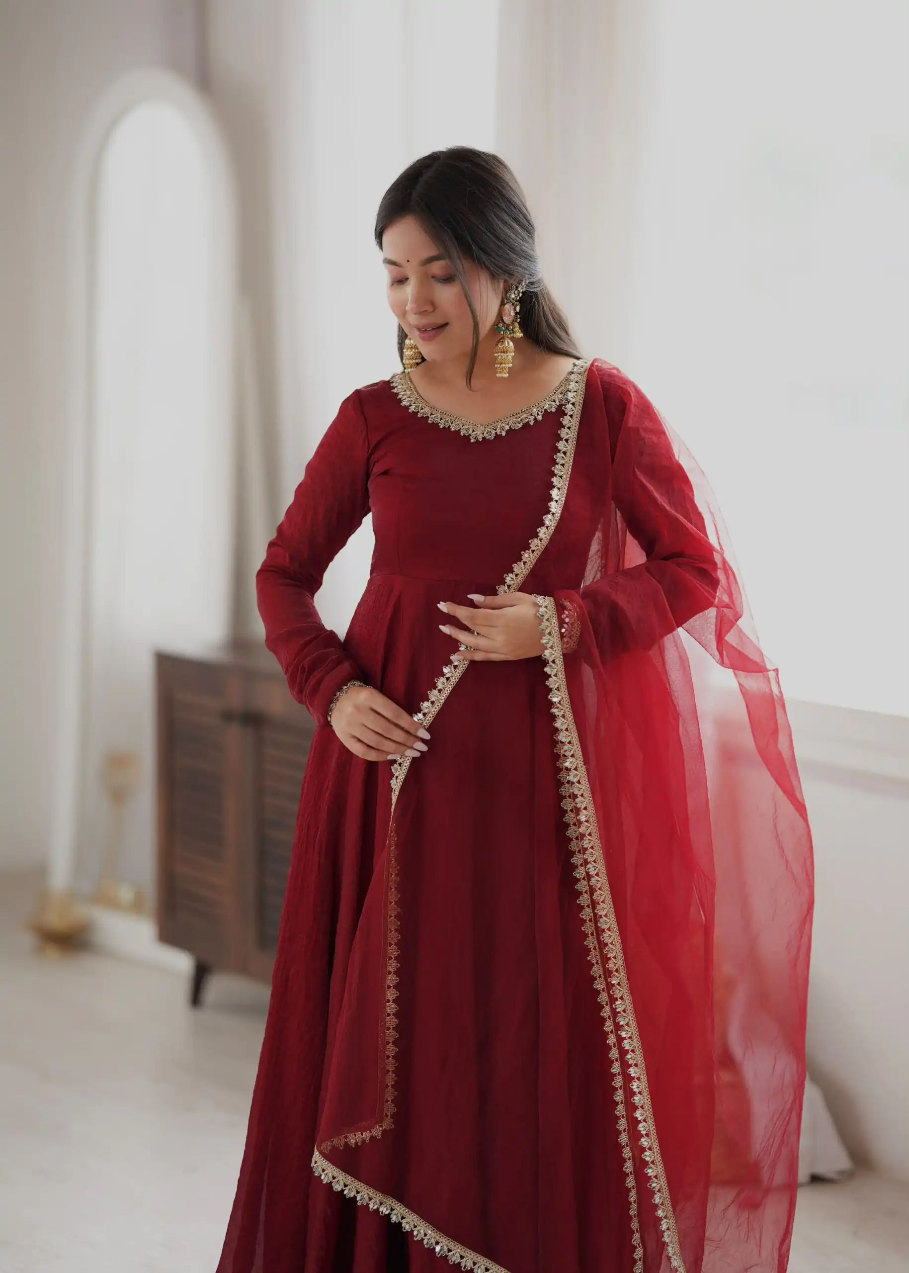 SRK 5355 Maroon Doremon Crush Gown with Lace Work & Mirror Work. Exclusive Offer ₹2099. Delivery 4-6 Working Days. Shop now. | Gowns, Bollywood Gowns, Creative Gowns, Designer Gowns, Embroidered Gowns, Party Wear Gowns