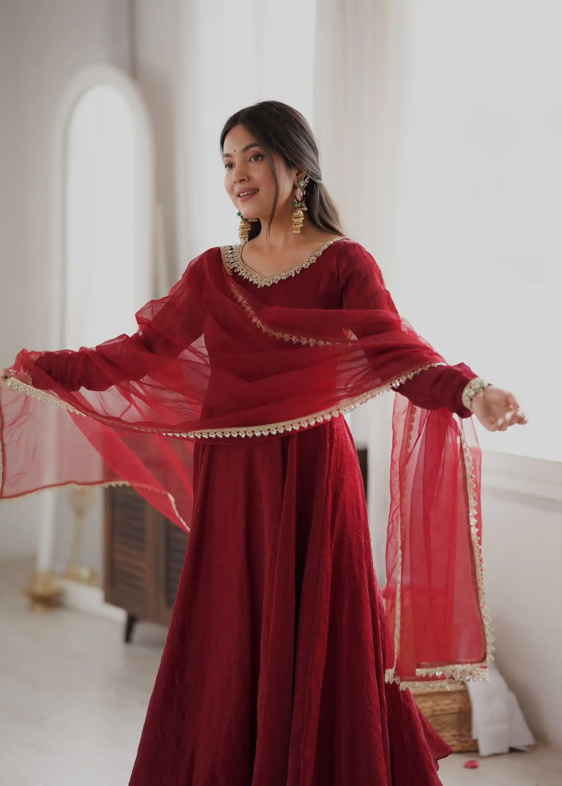 SRK 5355 Maroon Doremon Crush Gown with Lace Work & Mirror Work. Exclusive Offer ₹2099. Delivery 4-6 Working Days. Shop now. | Gowns, Bollywood Gowns, Creative Gowns, Designer Gowns, Embroidered Gowns, Party Wear Gowns